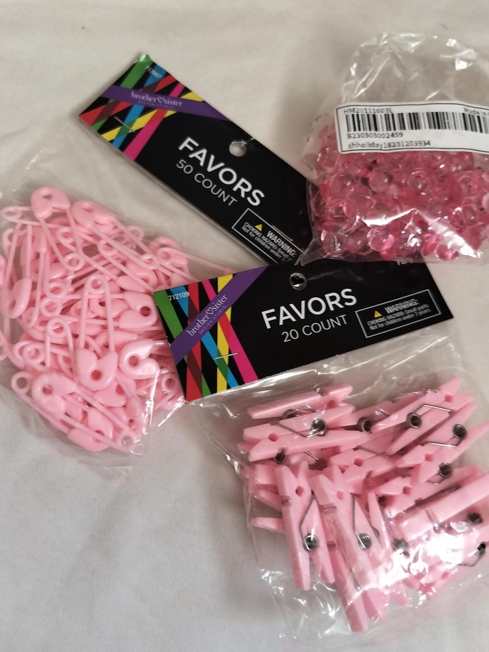 Brother+Sister Pink Party Favors - Mini Clothespins, Diaper Pins & Pacifiers